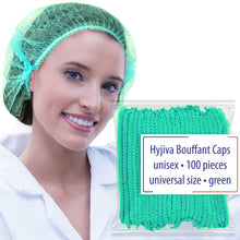 Load image into Gallery viewer, Hyjiva Disposable Bouffant Cap - 10 gsm, Non-woven Fabric, 100 pcs - Stretchable Head Cover for Hospital/Factory/Kitchen (Green)