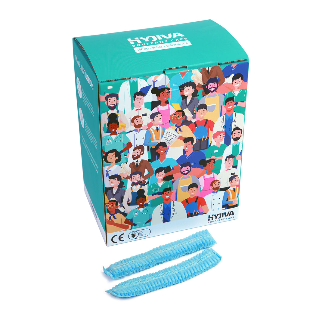 Hyjiva Disposable Bouffant Cap - 10 gsm, Non-woven Fabric, 100 pcs - Stretchable Head Cover for Hospital/Factory/Kitchen (Blue)