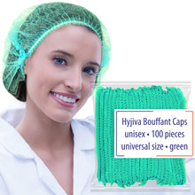 Load image into Gallery viewer, Hyjiva Disposable Bouffant Cap - 10 gsm, Non-woven Fabric, 100 pcs - Stretchable Head Cover for Hospital/Factory/Kitchen (Green)
